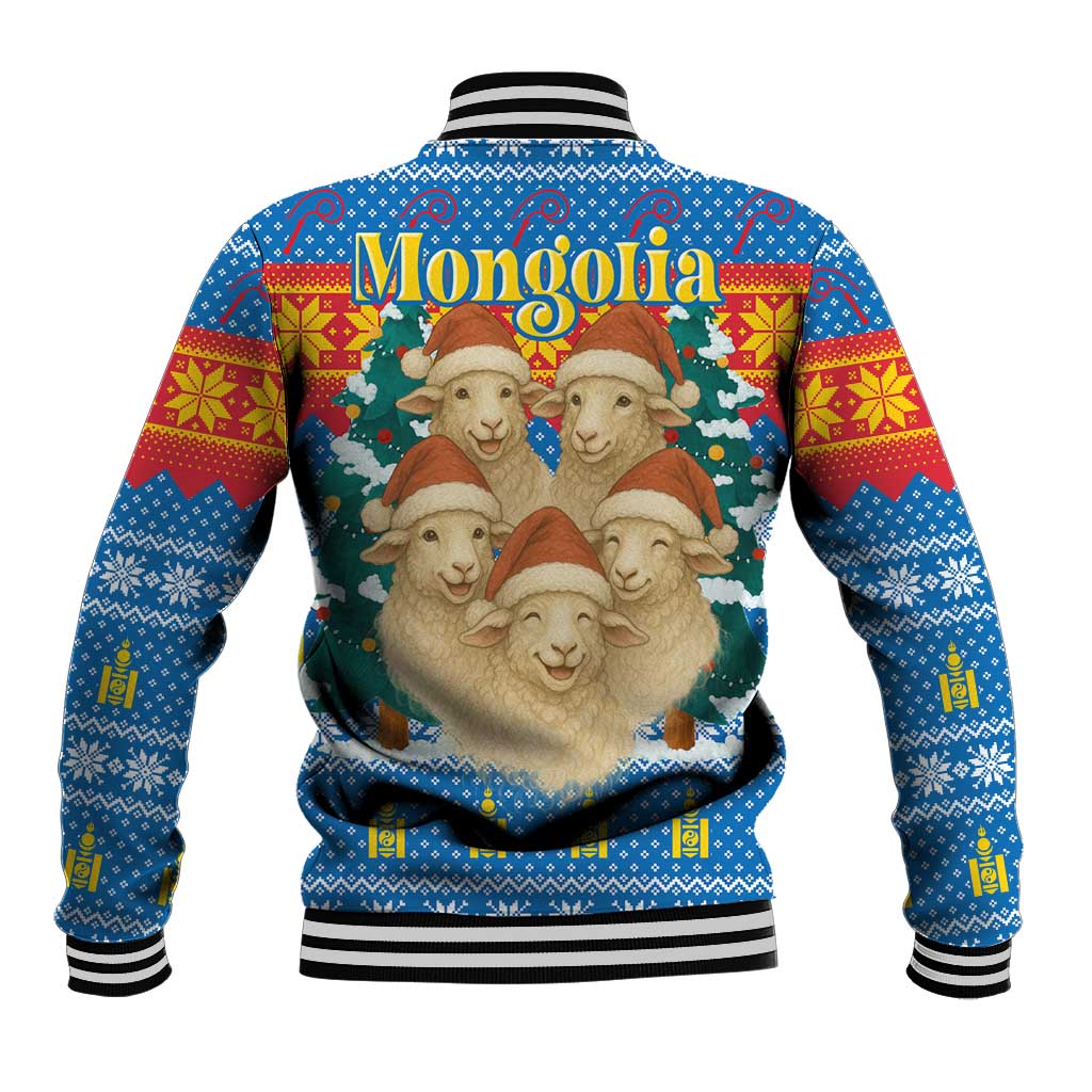 Mongolia Christmas Baseball Jacket with Santa Sheep Christmas Trees and Snowflake - Wonder Print Shop