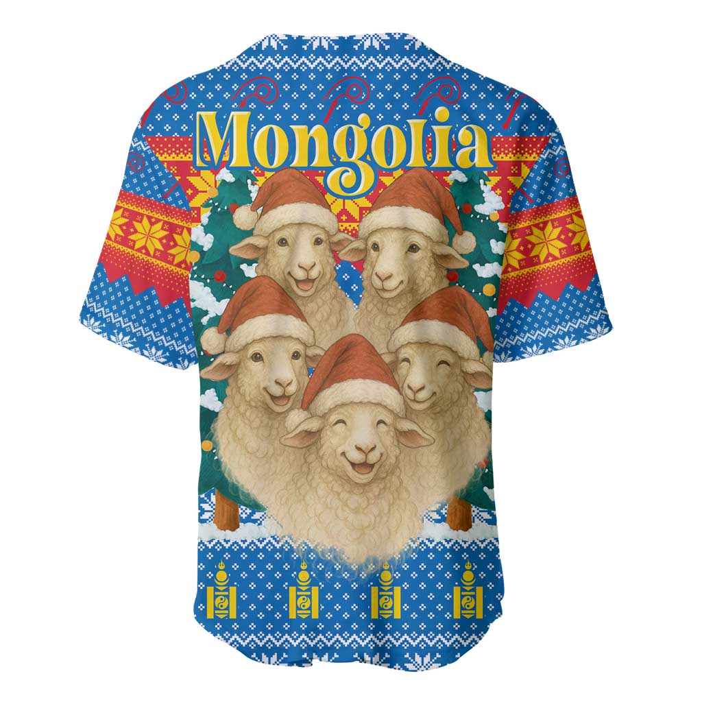 Mongolia Christmas Baseball Jersey with Santa Sheep Christmas Trees and Snowflake - Wonder Print Shop