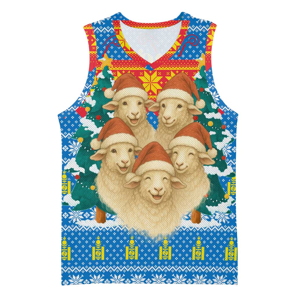 Mongolia Christmas Basketball Jersey with Santa Sheep Christmas Trees and Snowflake - Wonder Print Shop