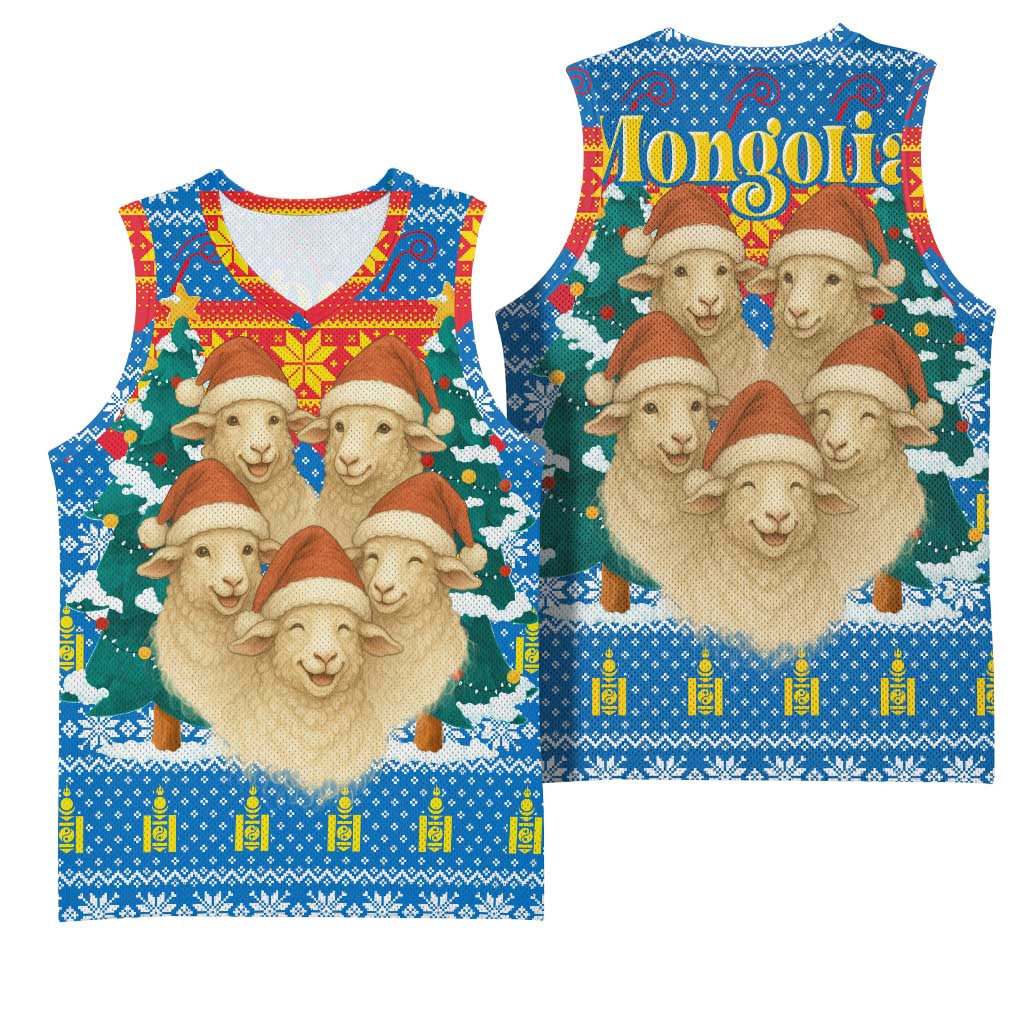 Mongolia Christmas Basketball Jersey with Santa Sheep Christmas Trees and Snowflake - Wonder Print Shop