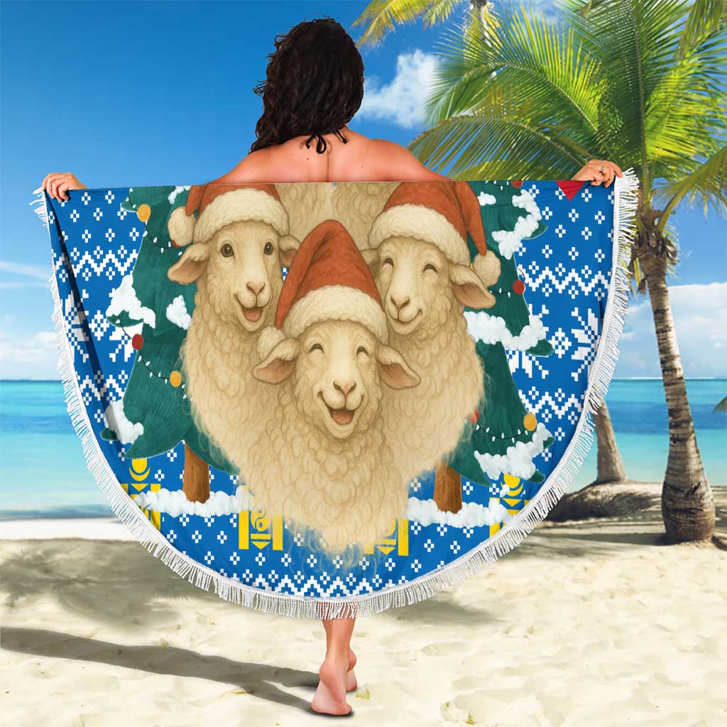 Mongolia Christmas Beach Blanket with Santa Sheep Christmas Trees and Snowflake - Wonder Print Shop