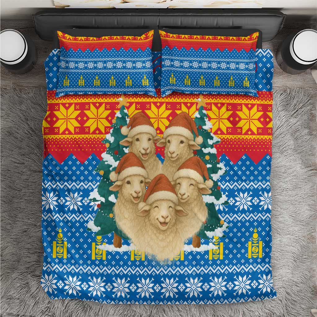 Mongolia Christmas Bedding Set with Santa Sheep Christmas Trees and Snowflake - Wonder Print Shop