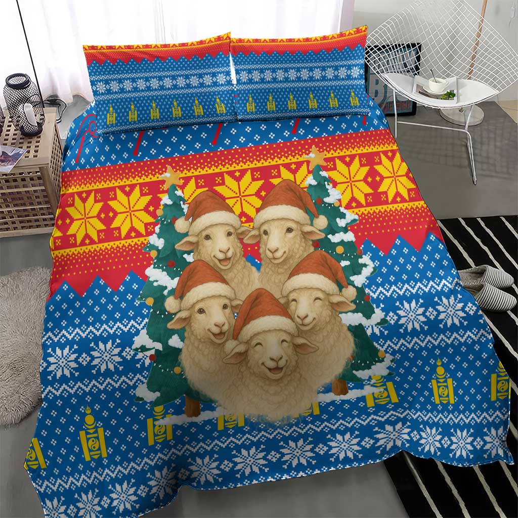 Mongolia Christmas Bedding Set with Santa Sheep Christmas Trees and Snowflake - Wonder Print Shop