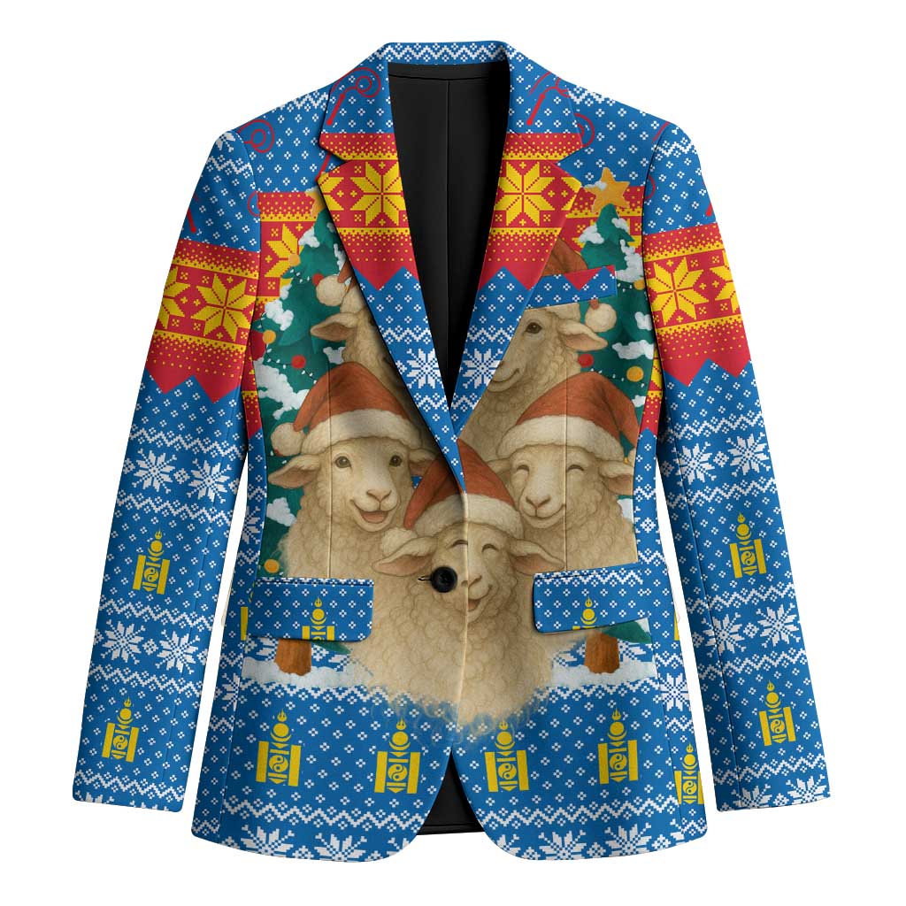Mongolia Christmas Blazer with Santa Sheep Christmas Trees and Snowflake - Wonder Print Shop