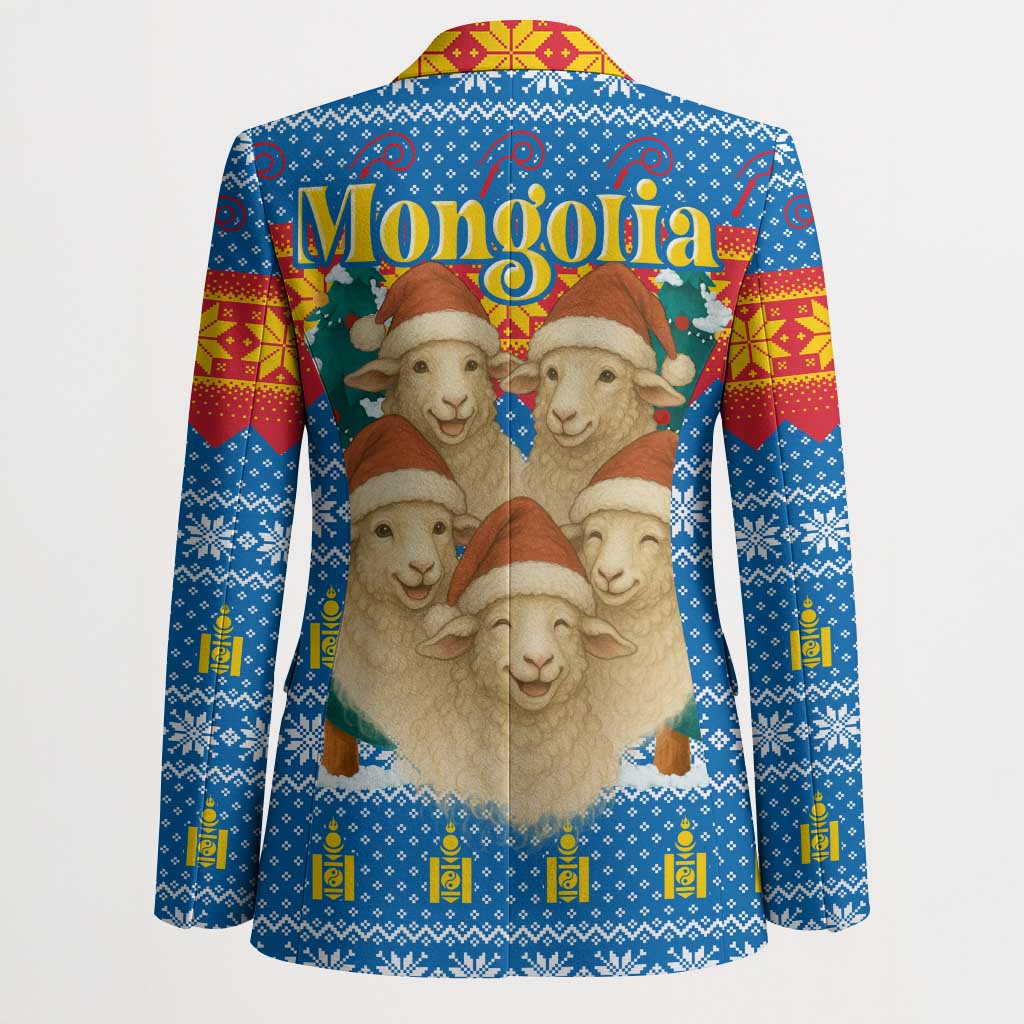 Mongolia Christmas Blazer with Santa Sheep Christmas Trees and Snowflake - Wonder Print Shop