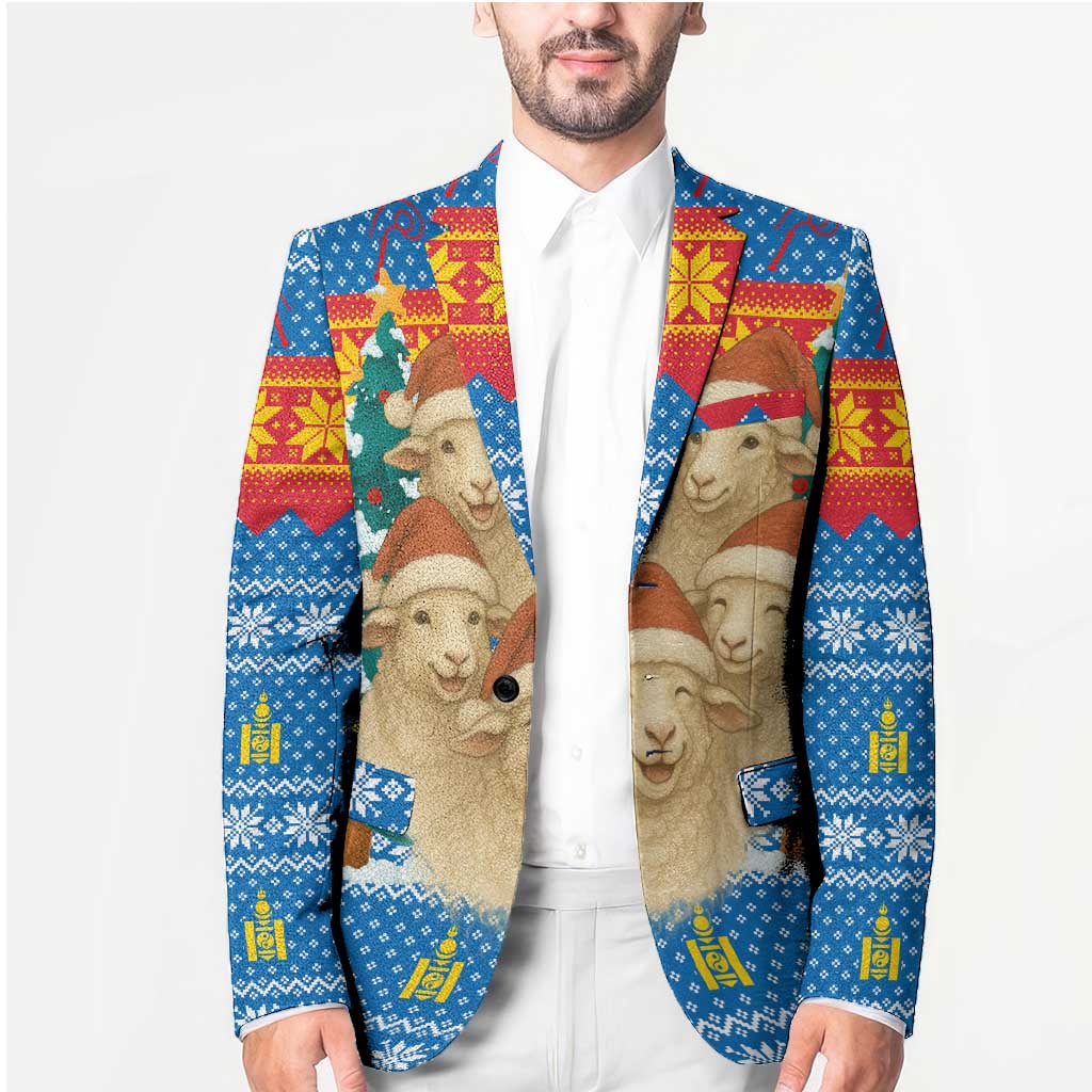 Mongolia Christmas Blazer with Santa Sheep Christmas Trees and Snowflake - Wonder Print Shop