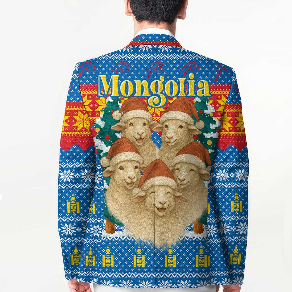 Mongolia Christmas Blazer with Santa Sheep Christmas Trees and Snowflake - Wonder Print Shop