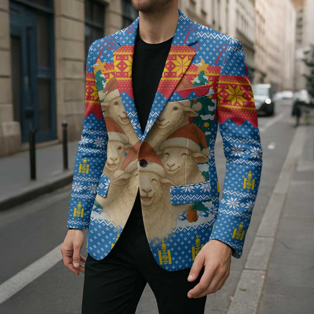Mongolia Christmas Blazer with Santa Sheep Christmas Trees and Snowflake - Wonder Print Shop