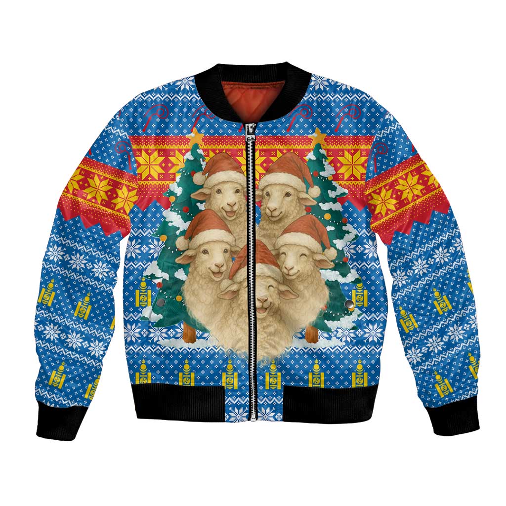 Mongolia Christmas Bomber Jacket with Santa Sheep Christmas Trees and Snowflake - Wonder Print Shop
