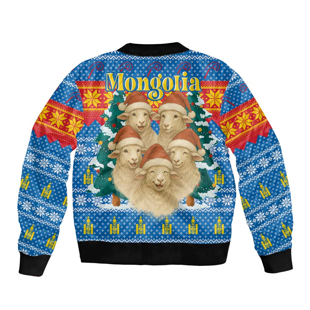 Mongolia Christmas Bomber Jacket with Santa Sheep Christmas Trees and Snowflake - Wonder Print Shop