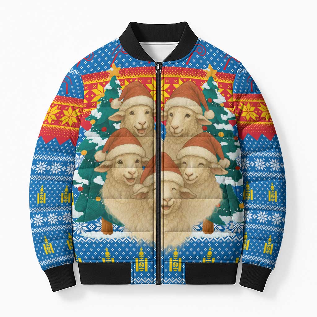 Mongolia Christmas Bomber Puffer Jacket with Santa Sheep Christmas Trees and Snowflake - Wonder Print Shop