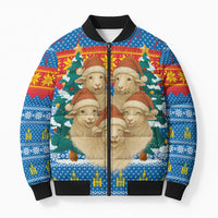 Mongolia Christmas Bomber Puffer Jacket with Santa Sheep Christmas Trees and Snowflake - Wonder Print Shop