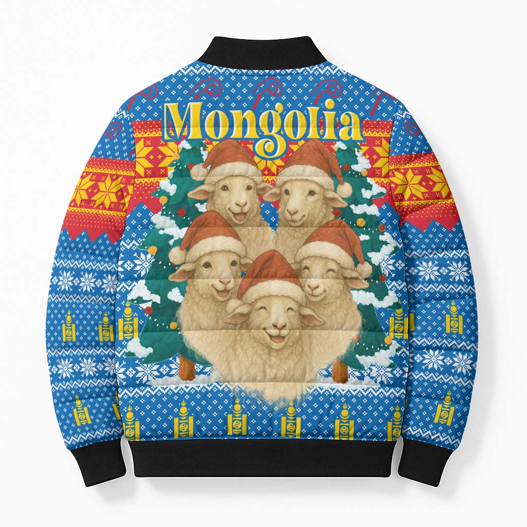 Mongolia Christmas Bomber Puffer Jacket with Santa Sheep Christmas Trees and Snowflake - Wonder Print Shop