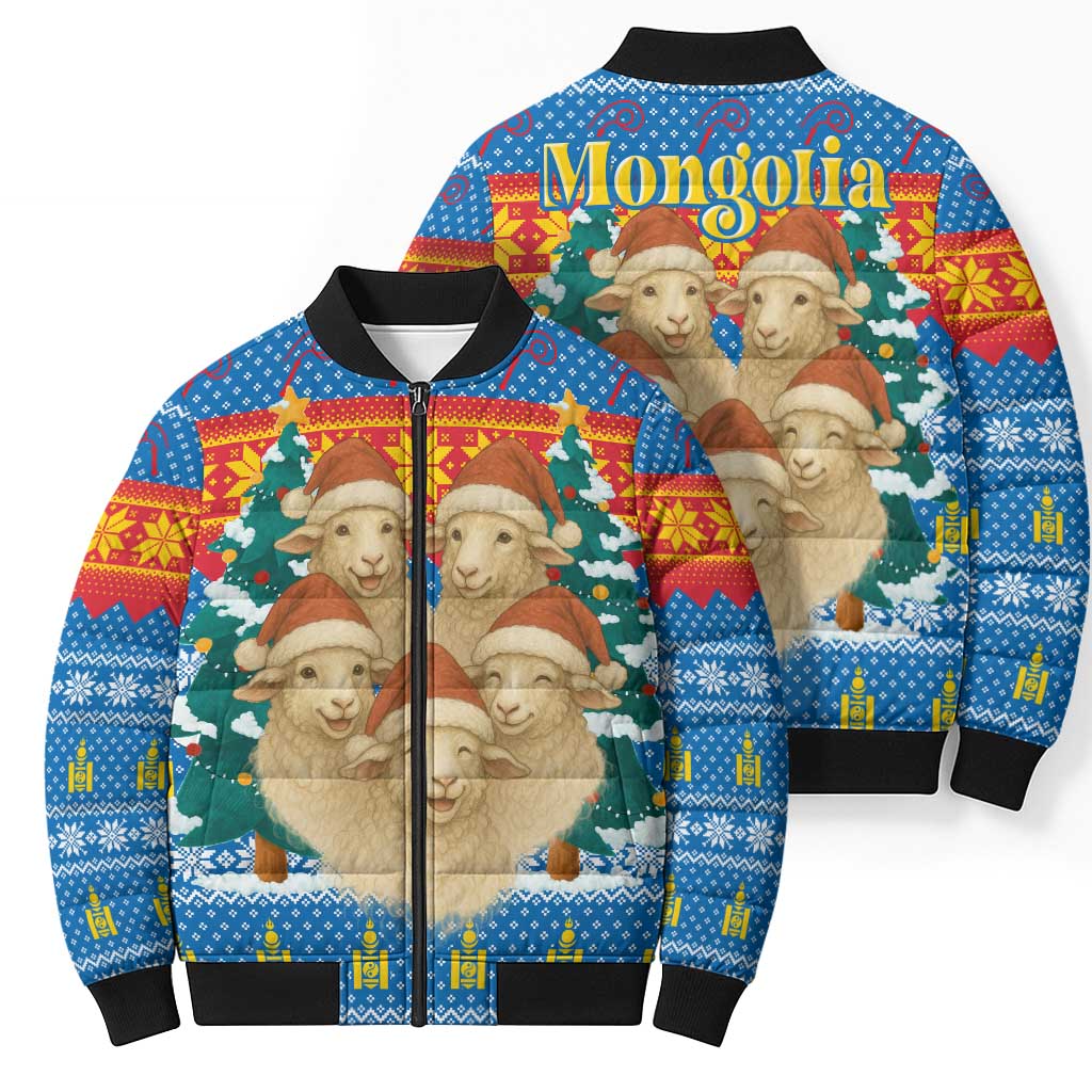 Mongolia Christmas Bomber Puffer Jacket with Santa Sheep Christmas Trees and Snowflake - Wonder Print Shop