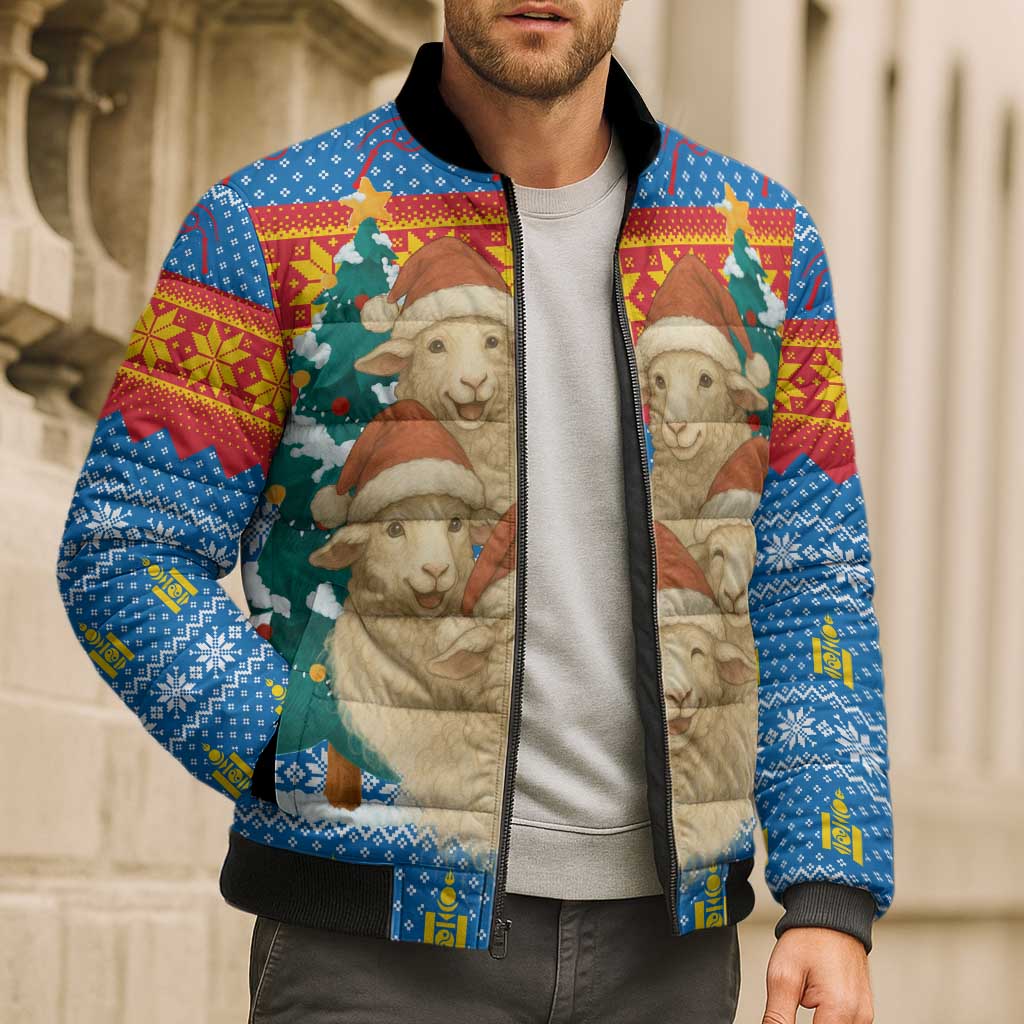 Mongolia Christmas Bomber Puffer Jacket with Santa Sheep Christmas Trees and Snowflake - Wonder Print Shop