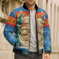 Mongolia Christmas Bomber Puffer Jacket with Santa Sheep Christmas Trees and Snowflake - Wonder Print Shop