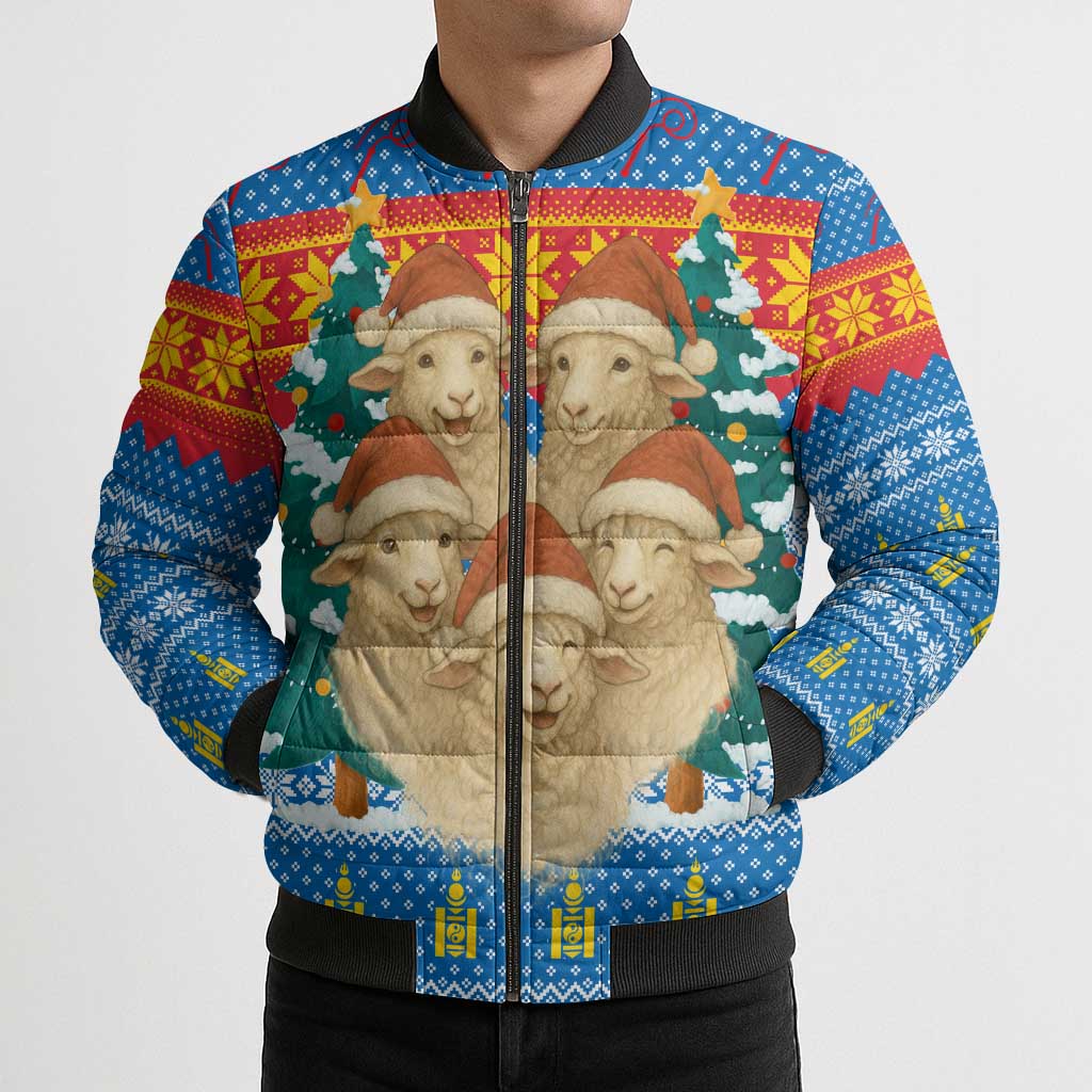 Mongolia Christmas Bomber Puffer Jacket with Santa Sheep Christmas Trees and Snowflake - Wonder Print Shop