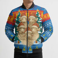 Mongolia Christmas Bomber Puffer Jacket with Santa Sheep Christmas Trees and Snowflake - Wonder Print Shop