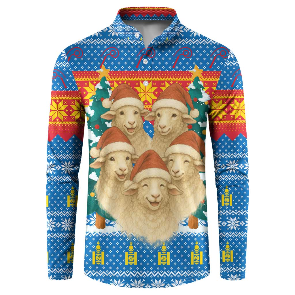 Mongolia Christmas Button Sweatshirt with Santa Sheep Christmas Trees and Snowflake - Wonder Print Shop