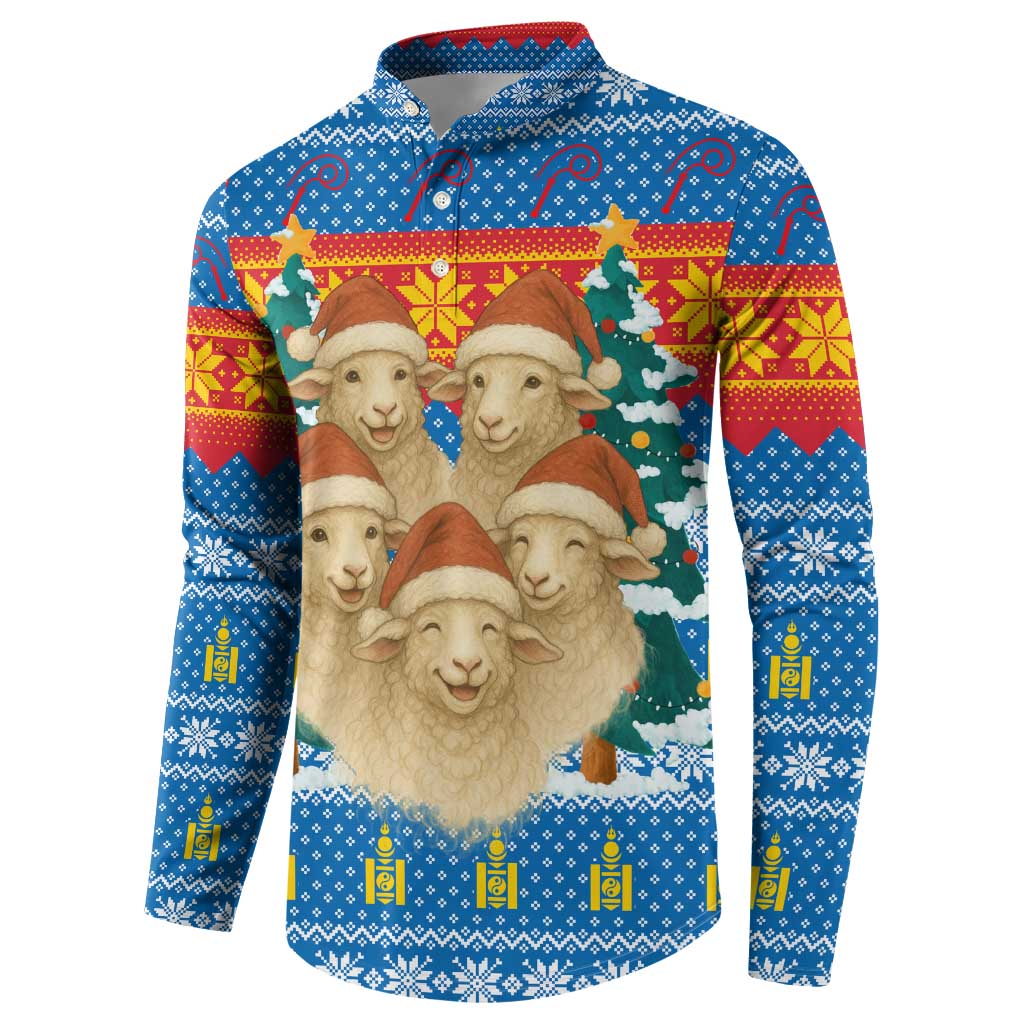 Mongolia Christmas Button Sweatshirt with Santa Sheep Christmas Trees and Snowflake - Wonder Print Shop