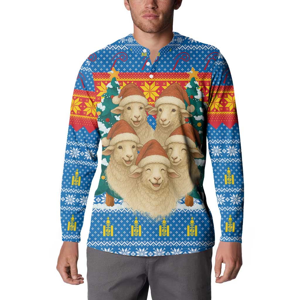 Mongolia Christmas Button Sweatshirt with Santa Sheep Christmas Trees and Snowflake - Wonder Print Shop