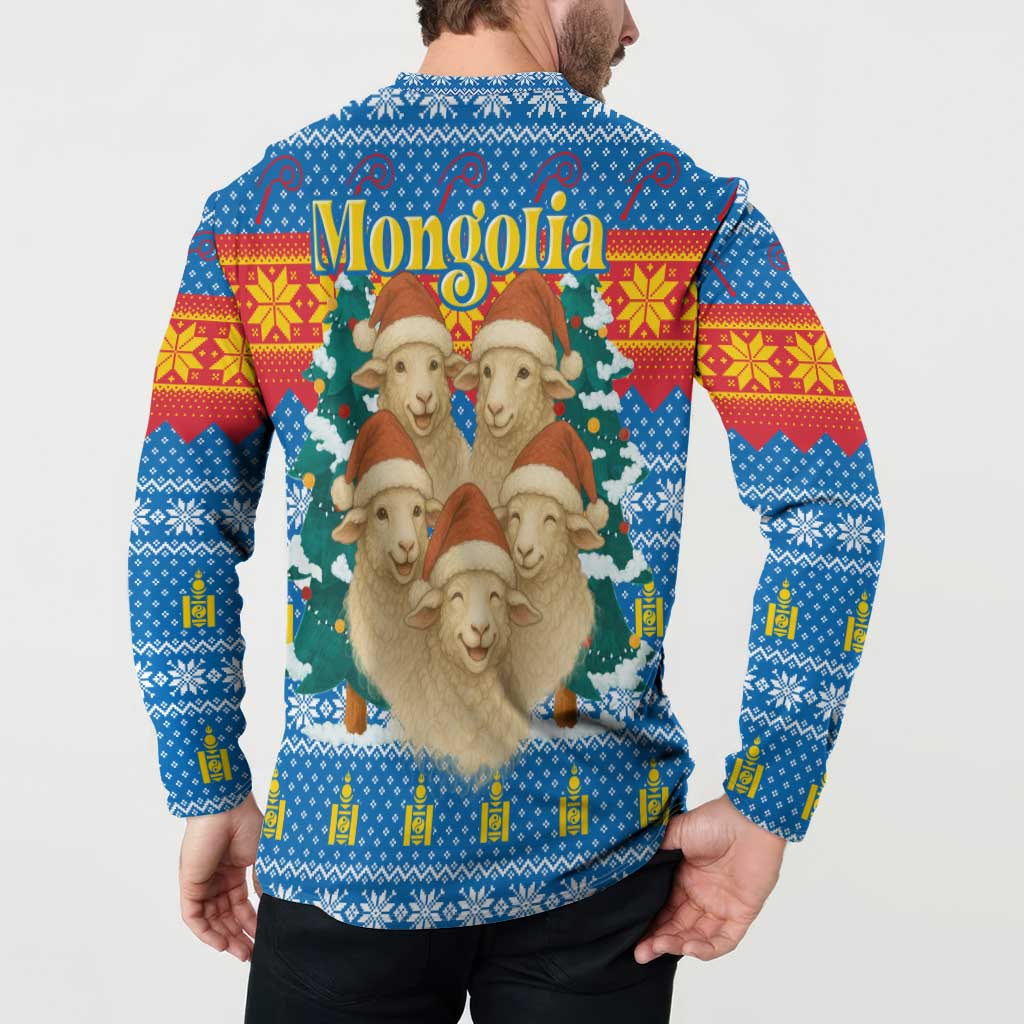 Mongolia Christmas Button Sweatshirt with Santa Sheep Christmas Trees and Snowflake - Wonder Print Shop