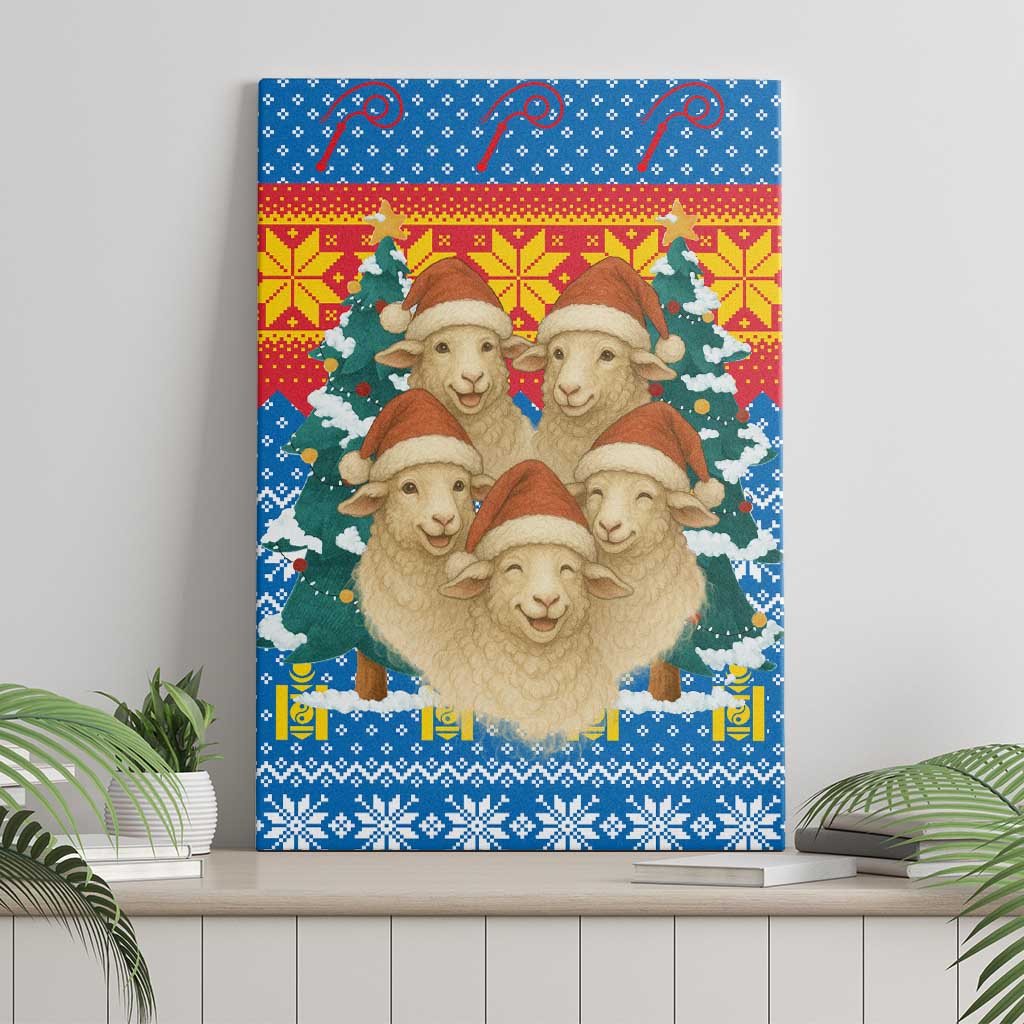 Mongolia Christmas Canvas Wall Art with Santa Sheep Christmas Trees and Snowflake - Wonder Print Shop