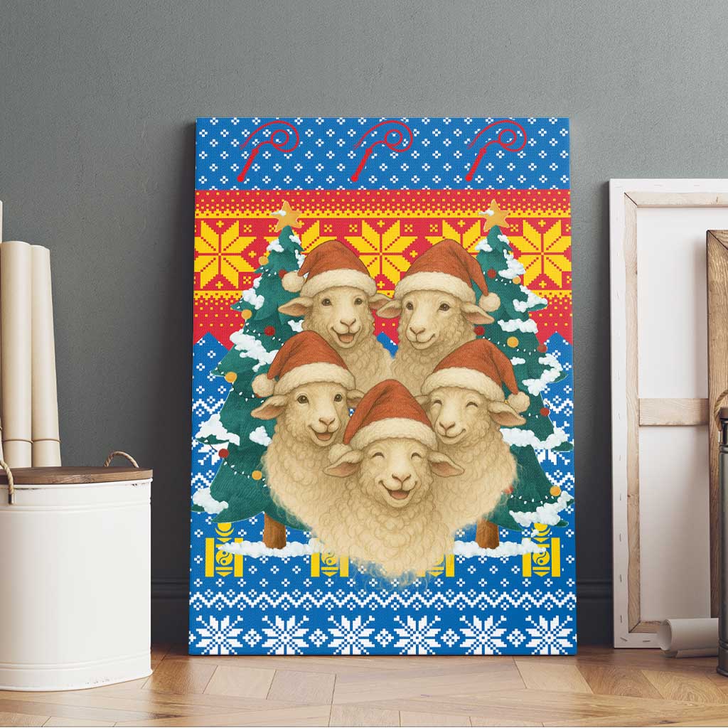 Mongolia Christmas Canvas Wall Art with Santa Sheep Christmas Trees and Snowflake - Wonder Print Shop