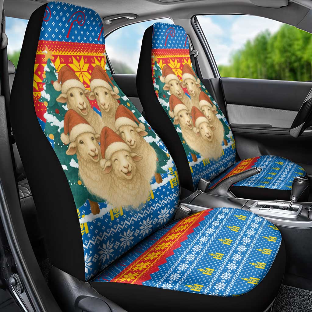 Mongolia Christmas Car Seat Cover with Santa Sheep Christmas Trees and Snowflake - Wonder Print Shop