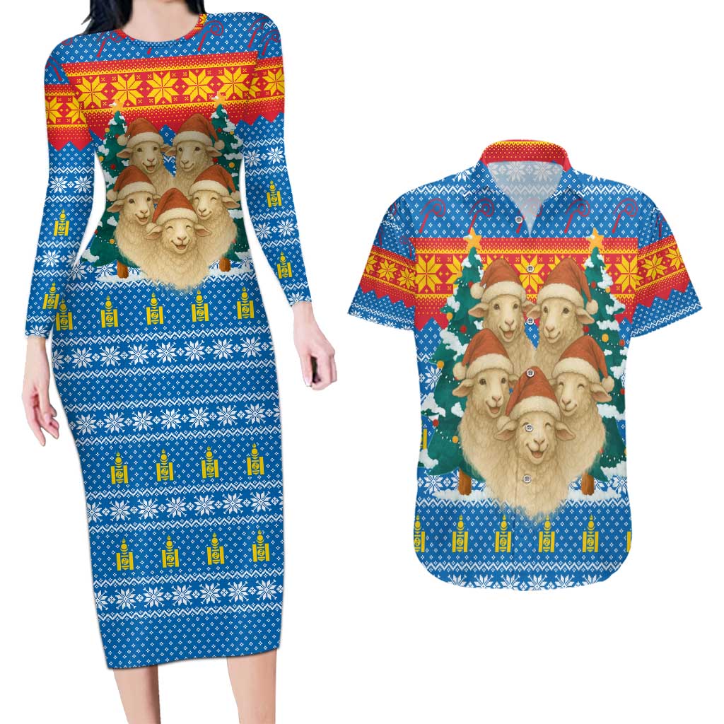 Mongolia Christmas Couples Matching Long Sleeve Bodycon Dress and Hawaiian Shirt with Santa Sheep Christmas Trees and Snowflake - Wonder Print Shop