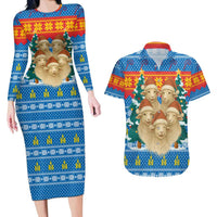 Mongolia Christmas Couples Matching Long Sleeve Bodycon Dress and Hawaiian Shirt with Santa Sheep Christmas Trees and Snowflake - Wonder Print Shop
