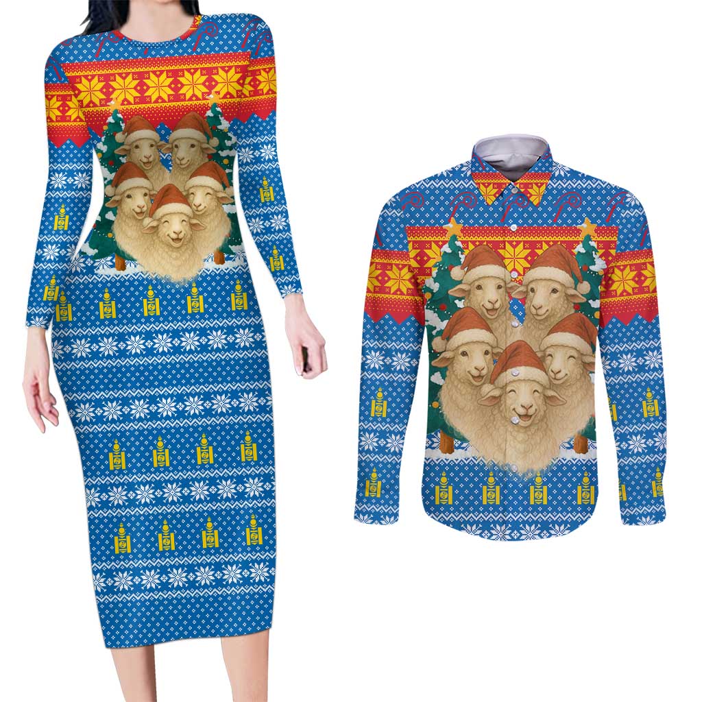 Mongolia Christmas Couples Matching Long Sleeve Bodycon Dress and Long Sleeve Button Shirt with Santa Sheep Christmas Trees and Snowflake - Wonder Print Shop