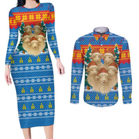 Mongolia Christmas Couples Matching Long Sleeve Bodycon Dress and Long Sleeve Button Shirt with Santa Sheep Christmas Trees and Snowflake - Wonder Print Shop