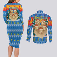 Mongolia Christmas Couples Matching Long Sleeve Bodycon Dress and Long Sleeve Button Shirt with Santa Sheep Christmas Trees and Snowflake - Wonder Print Shop