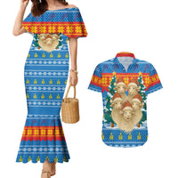 Mongolia Christmas Couples Matching Mermaid Dress and Hawaiian Shirt with Santa Sheep Christmas Trees and Snowflake - Wonder Print Shop