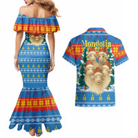 Mongolia Christmas Couples Matching Mermaid Dress and Hawaiian Shirt with Santa Sheep Christmas Trees and Snowflake - Wonder Print Shop