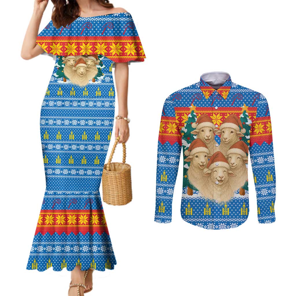 Mongolia Christmas Couples Matching Mermaid Dress and Long Sleeve Button Shirt with Santa Sheep Christmas Trees and Snowflake - Wonder Print Shop