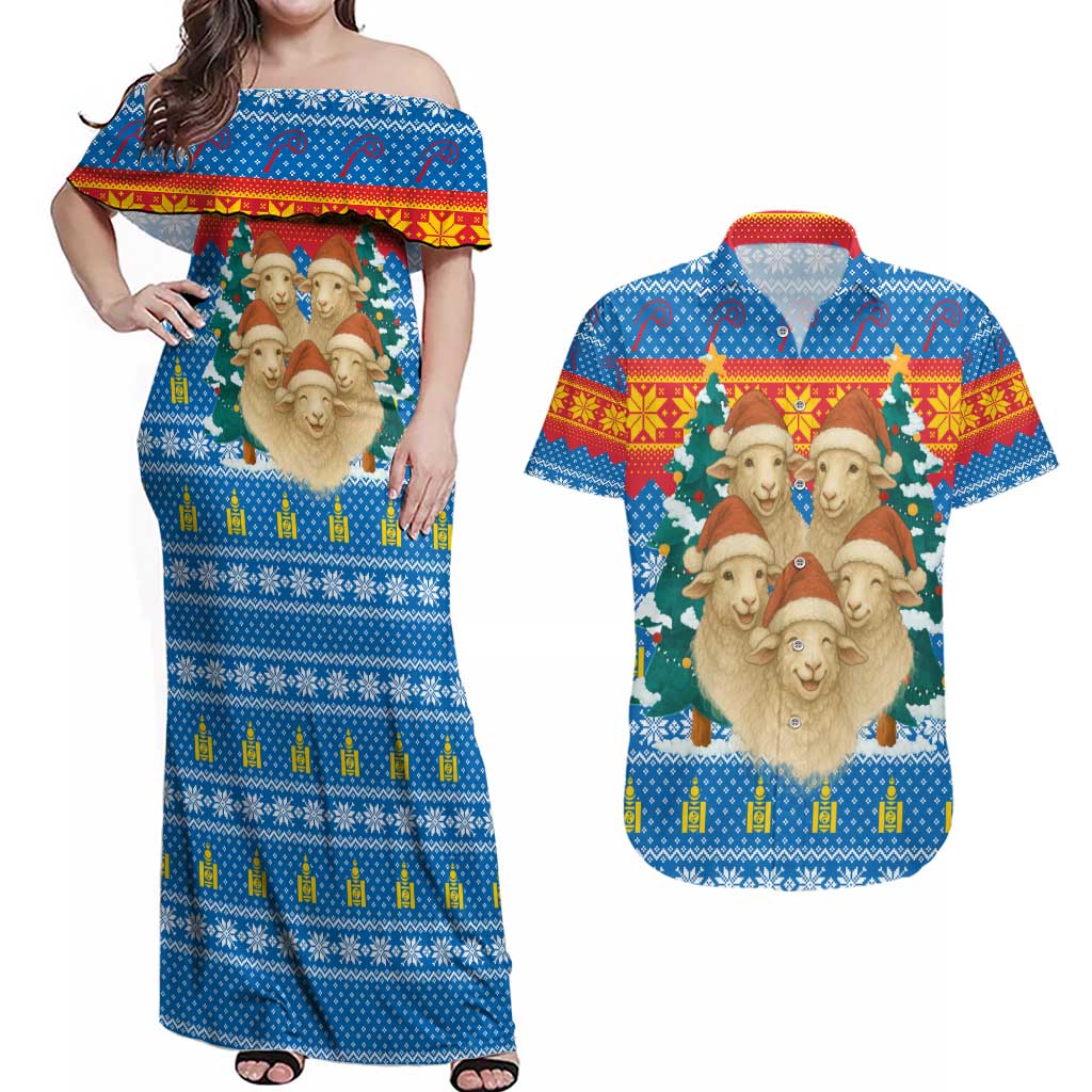 Mongolia Christmas Couples Matching Off Shoulder Maxi Dress and Hawaiian Shirt with Santa Sheep Christmas Trees and Snowflake - Wonder Print Shop