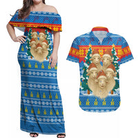 Mongolia Christmas Couples Matching Off Shoulder Maxi Dress and Hawaiian Shirt with Santa Sheep Christmas Trees and Snowflake - Wonder Print Shop