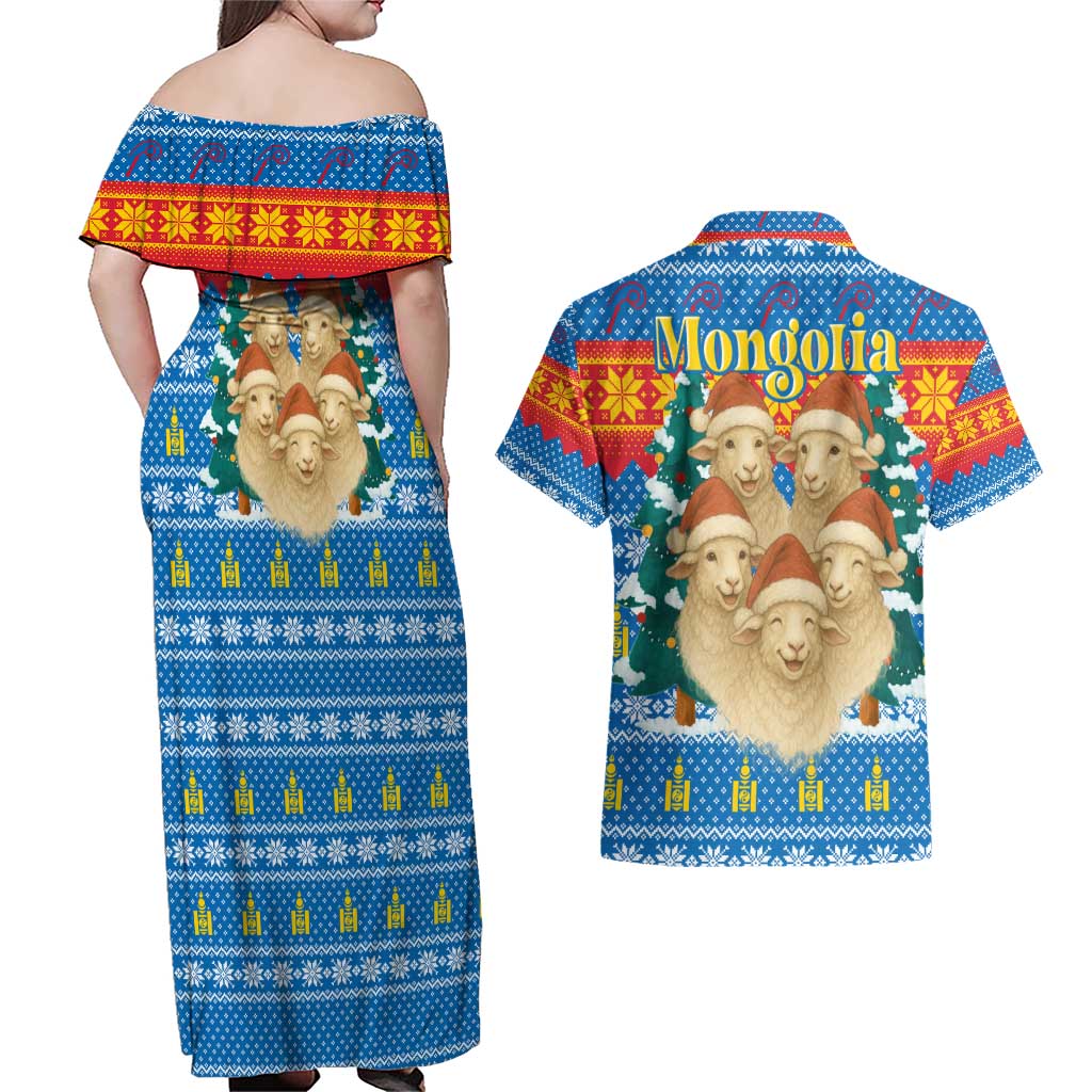Mongolia Christmas Couples Matching Off Shoulder Maxi Dress and Hawaiian Shirt with Santa Sheep Christmas Trees and Snowflake - Wonder Print Shop