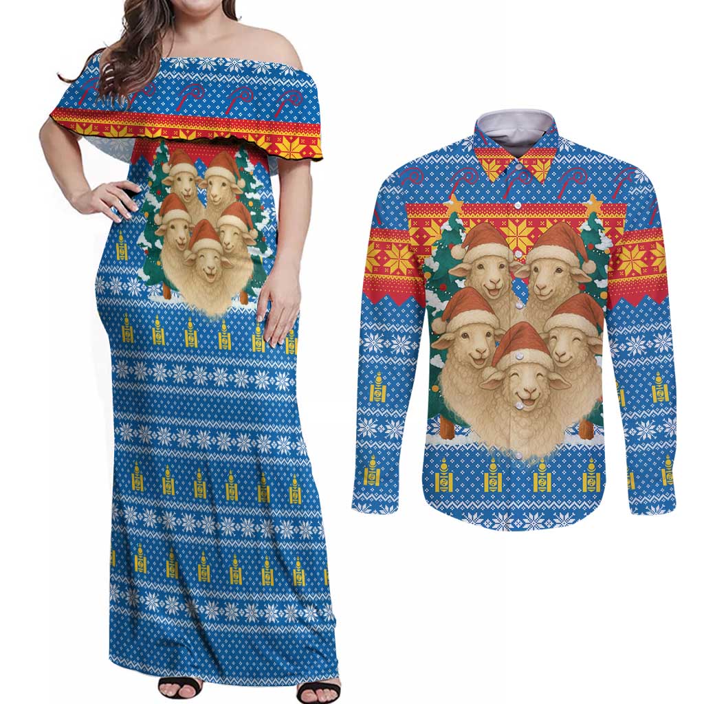 Mongolia Christmas Couples Matching Off Shoulder Maxi Dress and Long Sleeve Button Shirt with Santa Sheep Christmas Trees and Snowflake - Wonder Print Shop