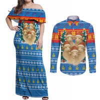 Mongolia Christmas Couples Matching Off Shoulder Maxi Dress and Long Sleeve Button Shirt with Santa Sheep Christmas Trees and Snowflake - Wonder Print Shop