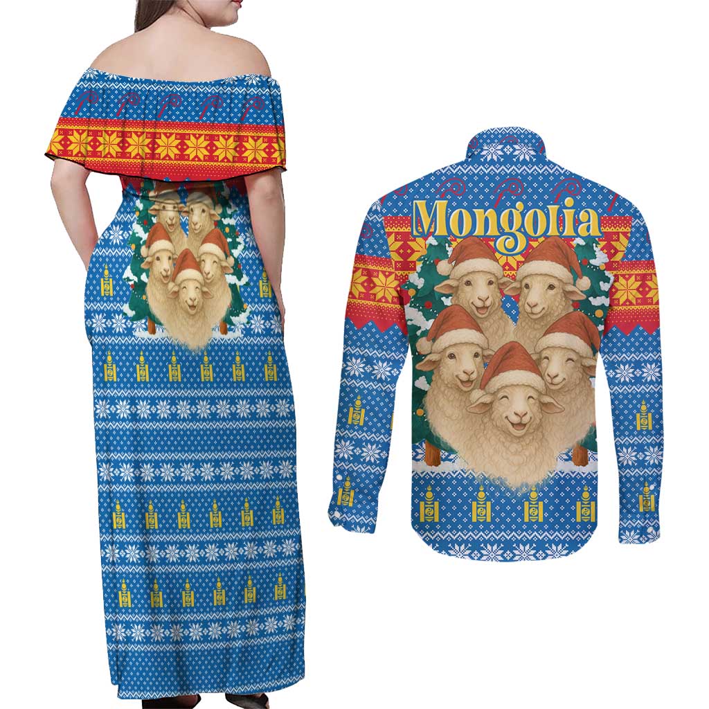Mongolia Christmas Couples Matching Off Shoulder Maxi Dress and Long Sleeve Button Shirt with Santa Sheep Christmas Trees and Snowflake - Wonder Print Shop