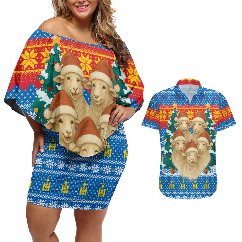 Mongolia Christmas Couples Matching Off Shoulder Short Dress and Hawaiian Shirt with Santa Sheep Christmas Trees and Snowflake - Wonder Print Shop