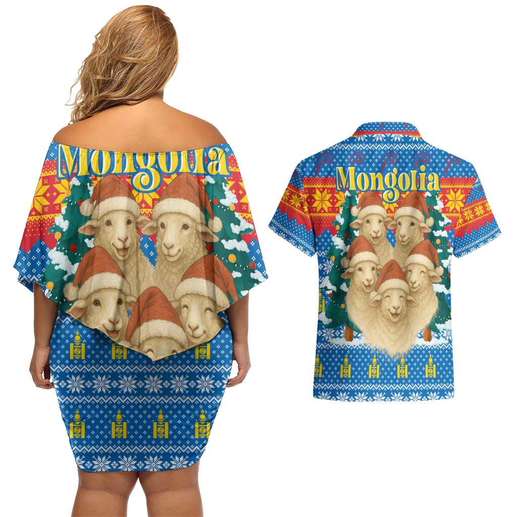 Mongolia Christmas Couples Matching Off Shoulder Short Dress and Hawaiian Shirt with Santa Sheep Christmas Trees and Snowflake - Wonder Print Shop