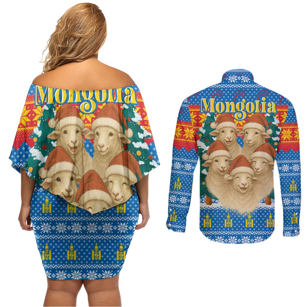 Mongolia Christmas Couples Matching Off Shoulder Short Dress and Long Sleeve Button Shirt with Santa Sheep Christmas Trees and Snowflake - Wonder Print Shop