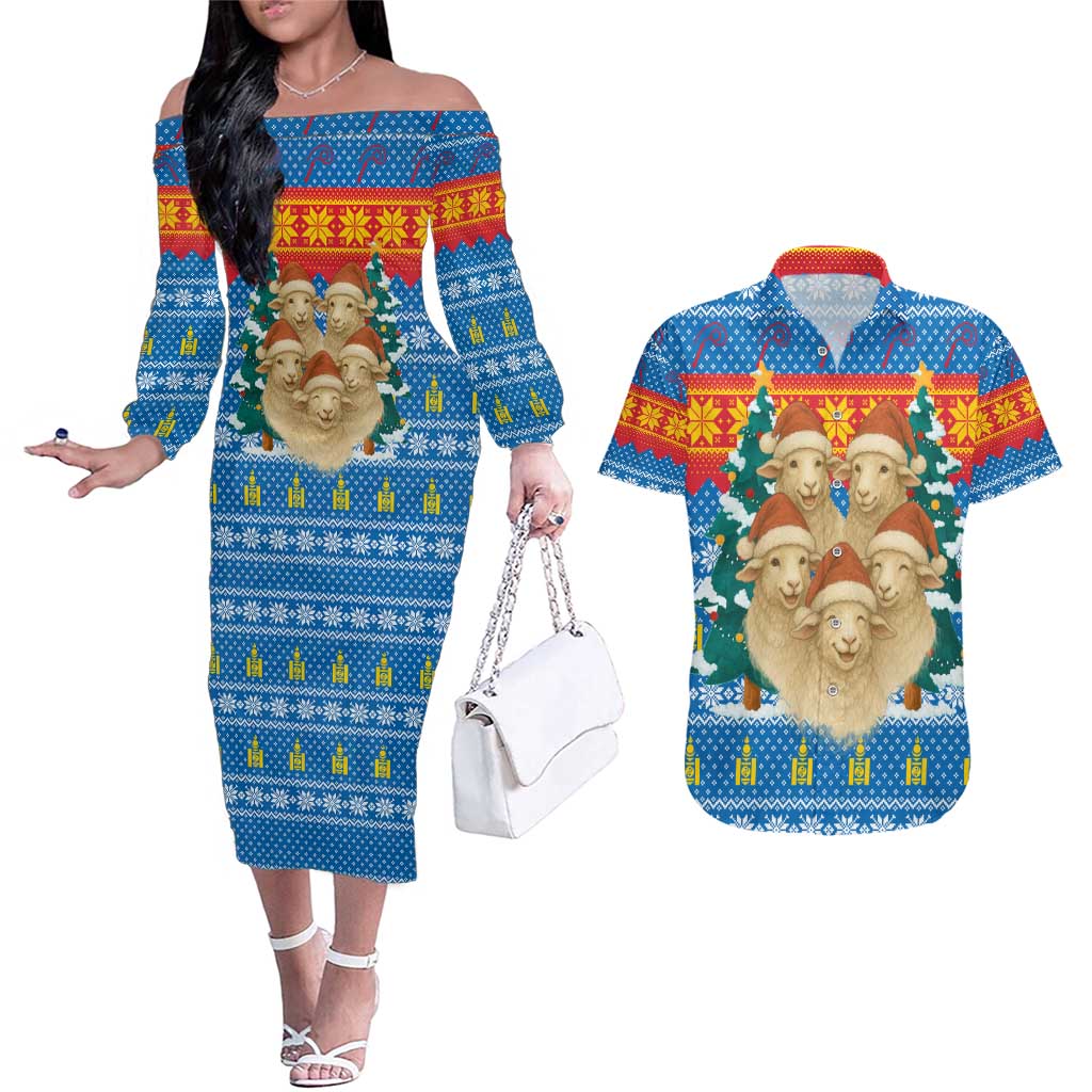 Mongolia Christmas Couples Matching Off The Shoulder Long Sleeve Dress and Hawaiian Shirt with Santa Sheep Christmas Trees and Snowflake - Wonder Print Shop