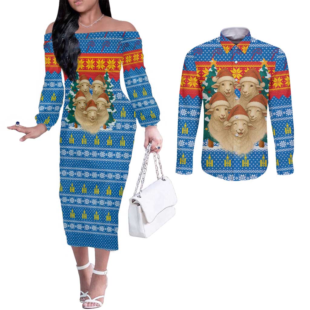 Mongolia Christmas Couples Matching Off The Shoulder Long Sleeve Dress and Long Sleeve Button Shirt with Santa Sheep Christmas Trees and Snowflake - Wonder Print Shop