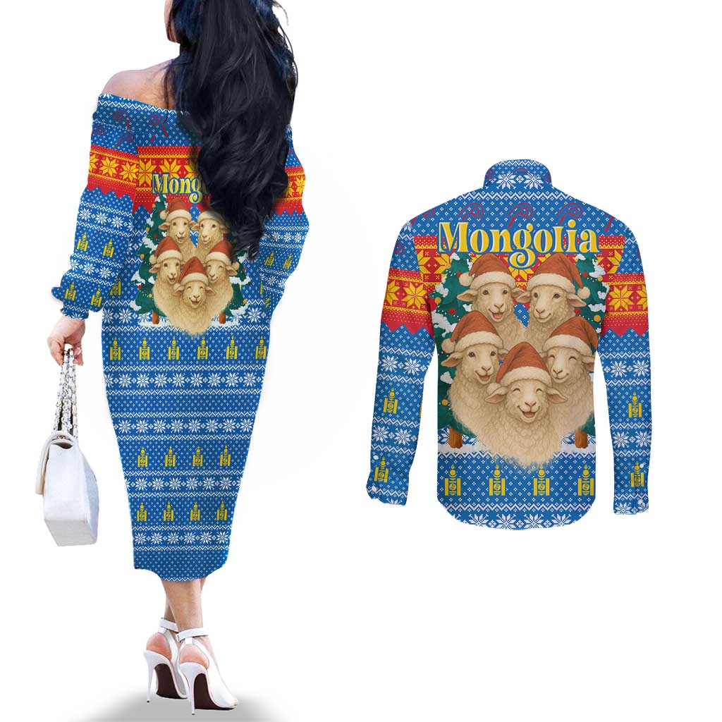 Mongolia Christmas Couples Matching Off The Shoulder Long Sleeve Dress and Long Sleeve Button Shirt with Santa Sheep Christmas Trees and Snowflake - Wonder Print Shop