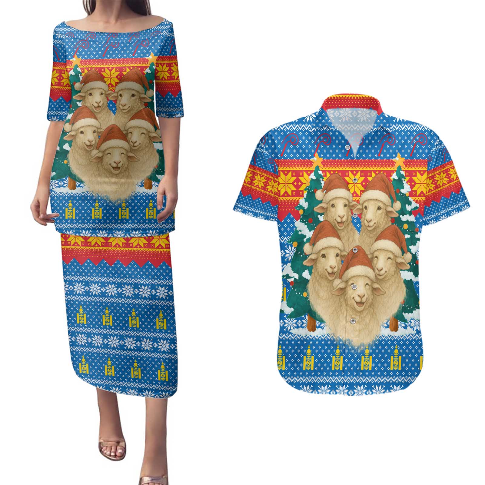 Mongolia Christmas Couples Matching Puletasi and Hawaiian Shirt with Santa Sheep Christmas Trees and Snowflake - Wonder Print Shop
